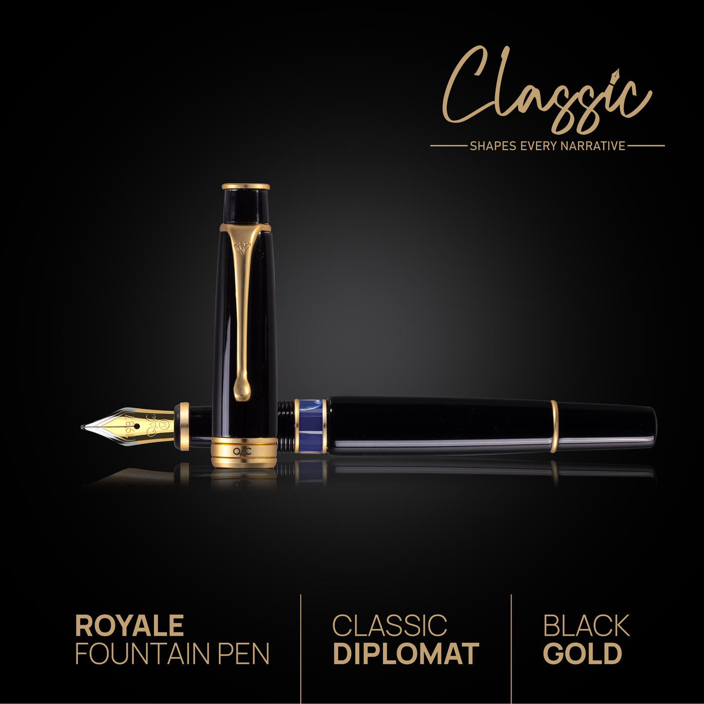 Royale Classic Fountain Pen Black Gold Diplomat