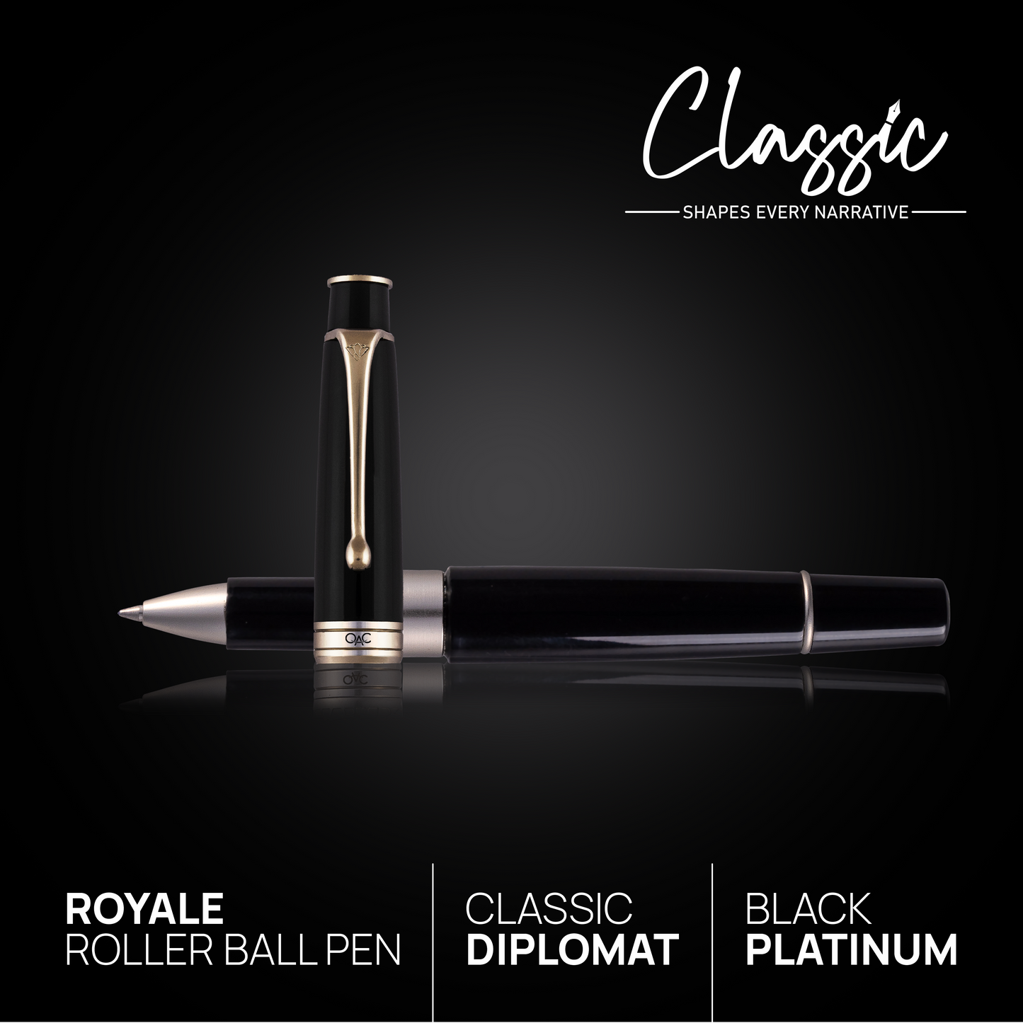 Royale Classic Roller Ball Pen Black Platinum Diplomat
